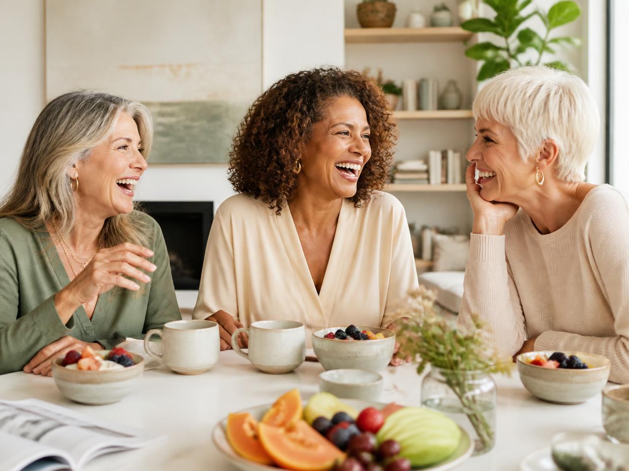 Amigas de 50+ conversando durante um café da manhã natural