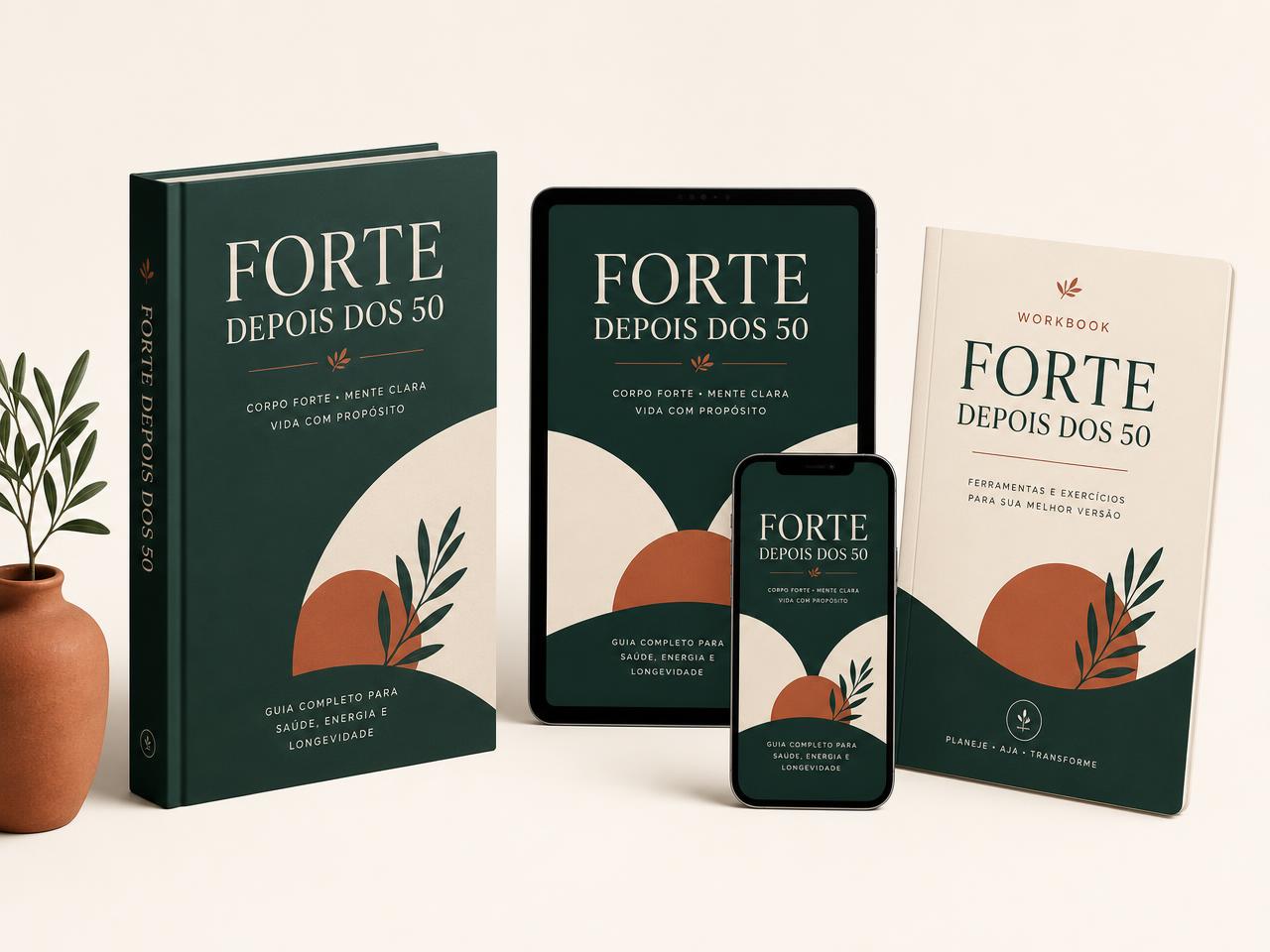 Mockups do guia Forte Depois dos 50 em livro, tablet e celular